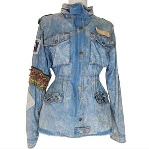 Upcycled Denim Military Jacket London Boho Art Studded Patchwork Small